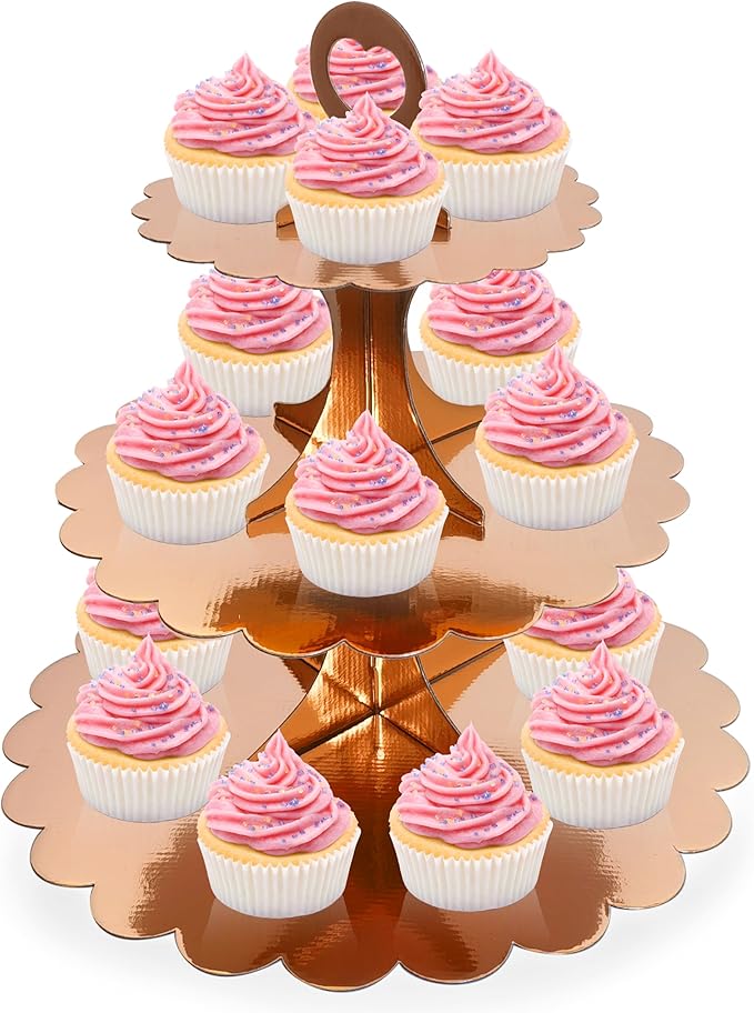 Rose Gold 3 Tier Cupcake Stand, Holds 24 Cupcakes, Cardboard Tower for Parties & Showers (1 Pack)