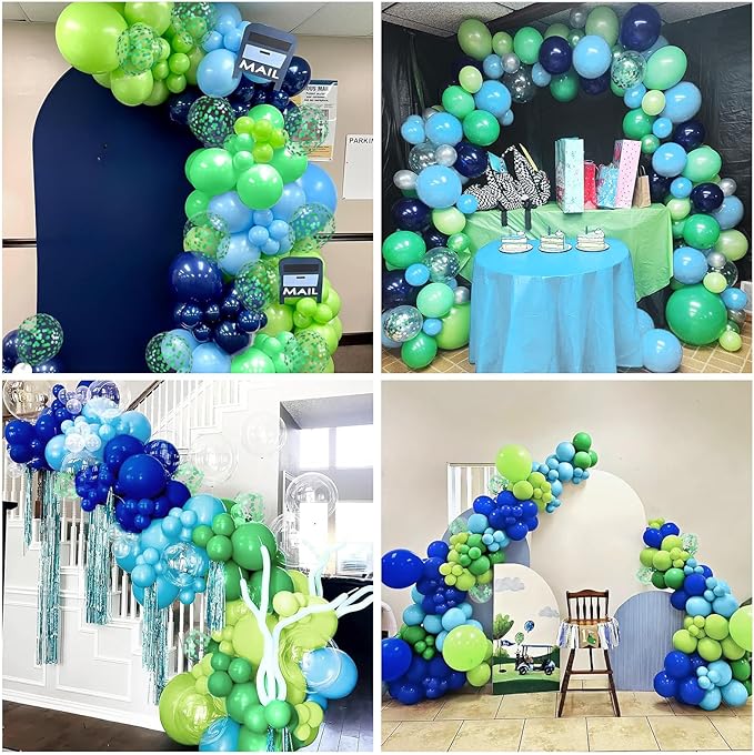 Blue Green Balloons 12 Inch Royal Blue Fruit Light Green Confetti Balloon with Ribbons for Boys Birthday Party Football Video Game Jungle Safari Themed Decoration
