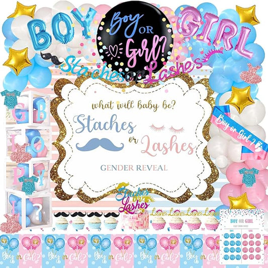 Hombae Staches or Lashes Gender Reveal Decorations, 169 PCs Boy or Girl Gender Reveal Decorations Backdrop Balloon Garland Banner Tablecloth Cake Cupcake Topper Box Cutout Poster Sash Pink Blue