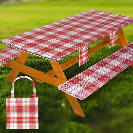Fitted Picnic Table Cover with Bench Covers Waterproof Elastic Edges Rectangle Patio Tablecloth Outdoor Camping Essentials Stuff Rv Accessories Summer Trip Travel Camper Gifts for Woman Men, 96in 8 ft