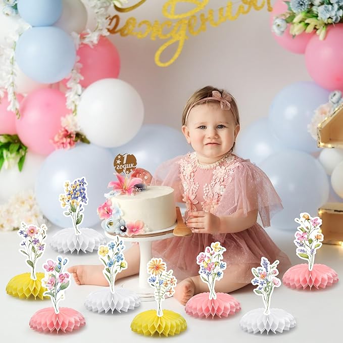 9 PCS Floral Honeycomb Centerpieces Spring Flower Theme Table Centerpiece 3D Wildflower Birthday Table Decorations for Spring Floral Theme Girls Baby Shower Wedding Birthday Party Decoration