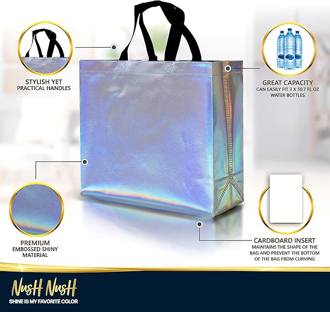 Nush Nush Large Iridescent Gift Bags Bulk - Set of 30 Holographic Reusable Gift Bags with Handles - Goodie Bags for Birthday Parties, Wedding, Small Business, Corporate Events - 13" W x 5" D x 11" H