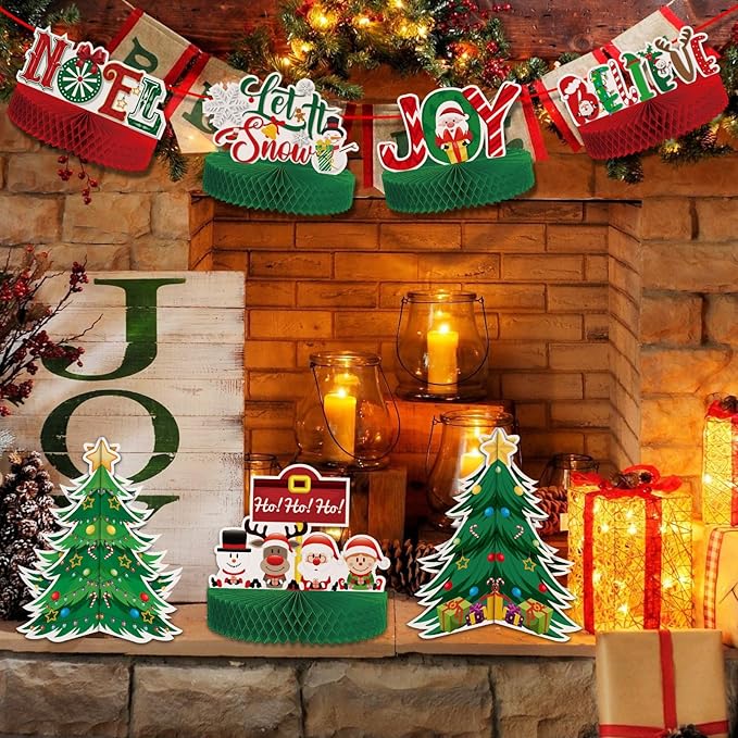 KALEFO 12 Pcs Christmas Honeycomb Centerpieces Santa Reindeer Design for Winter Xmas Holiday Party 3D Table Decor Supplies