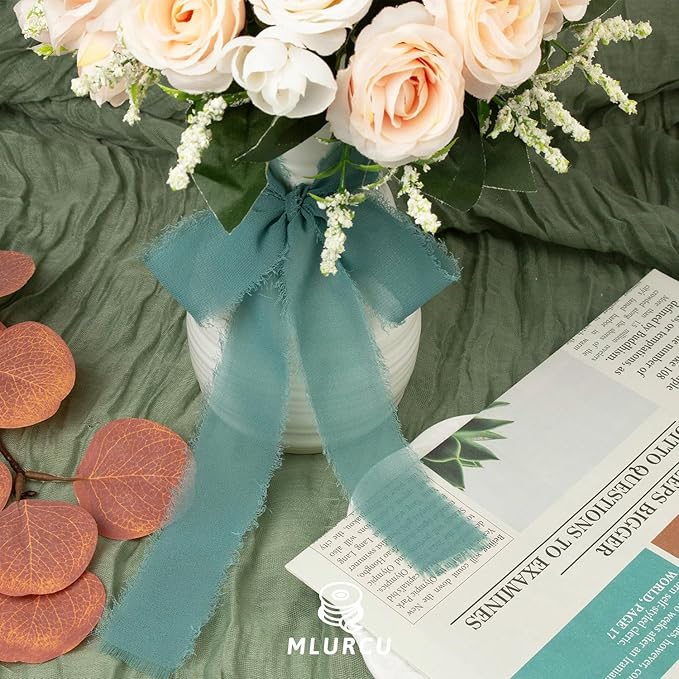 Nlie Blue Chiffon Ribbon - 1-1/2 Inch x 21 Yards, Handmade Fringe, Silk, Boho Frayed, Wedding Invitation, Bridal Flower Bouquets