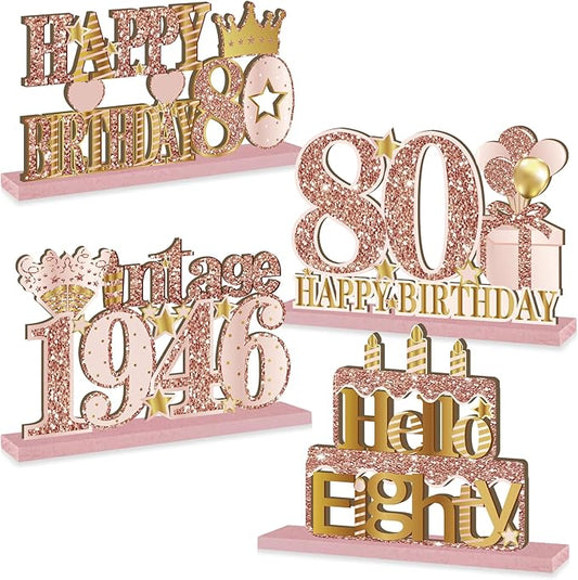 4 Pieces 80th Birthday Vintage 1946 Wooden Table Centerpieces Decoration for Women, Pink Rose Gold Happy 80 Birthday Table Sign Party Supplies, Hello Eighty Year Old Bday Table Decor