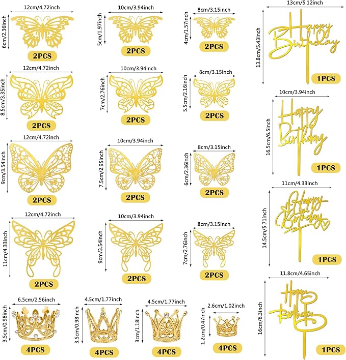 44 PCS Gold Crown Cake Decoration 16 PCS Mini Crown Tiny Crown with 24 PCS Butterfly Wall Decors and 4 PCS Birthday Cake Topper for Women Girl Crown Birthday Party Wedding Cake Decor