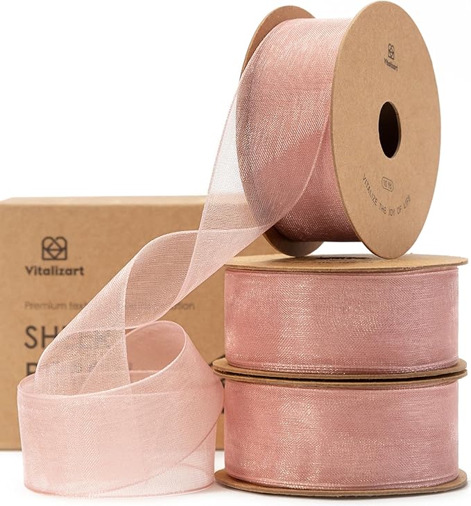 Vitalizart Rose Gold Ribbon Organza Sheer Ribbon 1 inch x 30Yd Handmade Fabric Light Pink Ribbons for Gift Wrapping Christmas Tree Crafts Bows Wedding Invitations Wreaths Wrap