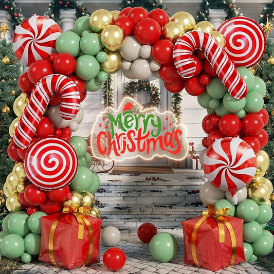 170Pcs Christmas Balloon Arch Garland Kit with Xmas Red Sage Green Gold White Sand Latex Balloons Gift Box Candy Cane Foil Balloons Arch Kit for Christmas New Year Party Party Decorations