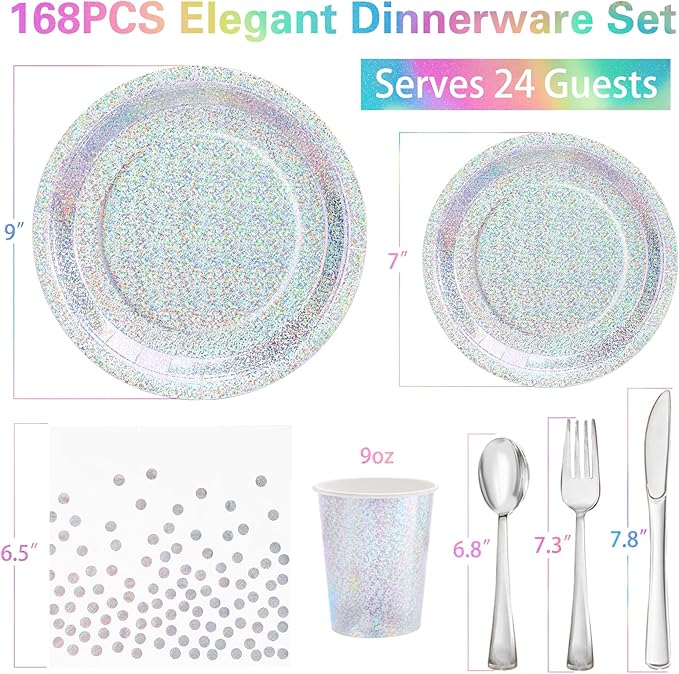 Iridescent Plates Party Supplies-168pcs Iridescent Party Decorations includes Holographic Plates Silver Dot Napkins and Silverware Set for Disco Winter Birthday Party Decorations Serves 24