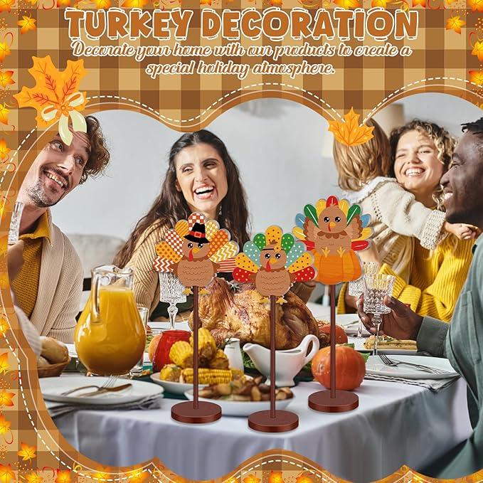 Geelin 10 Pcs Thanksgiving Turkey Decoration Wooden Turkeys Thanksgiving Table Sign Centerpiece Wood Tall Standing Block Set for Party Farmhouse Office Harvest Day Desk Decoration(Cute Turkey)