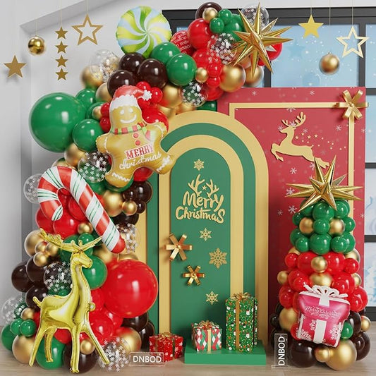 149Pcs Christmas Balloon Arch Kit,Red Green Gold Chocolate Brown Balloon Garland with Gingerbread,Reindeer,Gift Box,Explosion Star,Candy Cane Balloons for New Year Eve Christmas Home Party Decoration