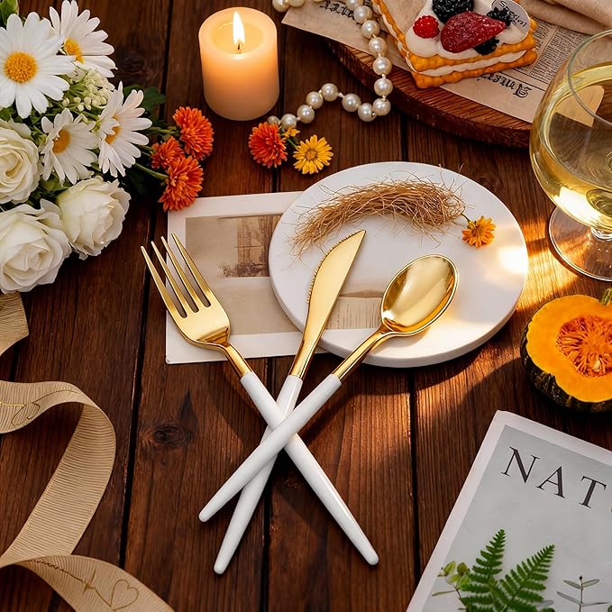 SUT Gold Plastic Silverware, 160Pcs Gold Utensils Set Disposable, 80 Gold Plastic Forks, 40 Gold Knives, 40 Gold Spoons, Gold Plastic Cutlery for Parties, Dinners, Weddings(White Gold)