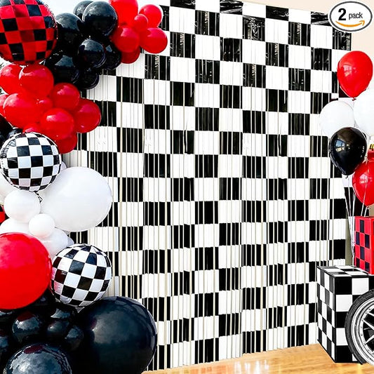 2 Packs Race Car Foil Fringe Curtain, Black White Checkered Glitter Metallic Tinsel Backdrop for Birthday, Baby Shower, Racing Car Truck One Happy Dude Party Decorations Supplies