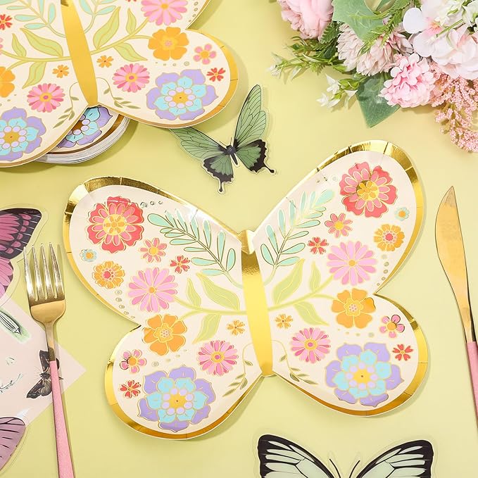 FYSUIMU 24 Pcs Floral Butterfly Paper Plates Gold Foil Flower Disposable Plates Butterfly Shape Party Tableware for Spring Wedding Birthday Table Decor Supplies