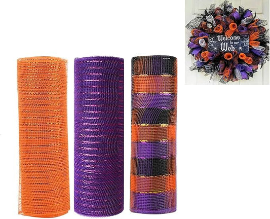 3 Rolls Orange Purple Stripe Deco Mesh Ribbon for Wreath Making Supplies, 10 Inch x 30FT Metallic Foil Burlap Deco Mesh Fabric for Halloween Thanksgiving Christmas Wreath Swags and Decorating