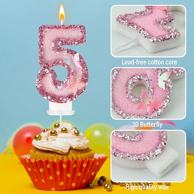 5th Birthday Candles，Glitter Butterfly Cake Toppers Pink Sequins Wedding Numeral Cupcake Decorations，Suitable for Girl and boy Wedding Cakes, Party Celebrations, Birthday Decorations