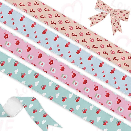 4 Rolls Valentine's Day Ribbon Set, 1" x 5 Yards Each, Heart Pattern Ribbons for Wedding Gift Wrapping & DIY Crafts
