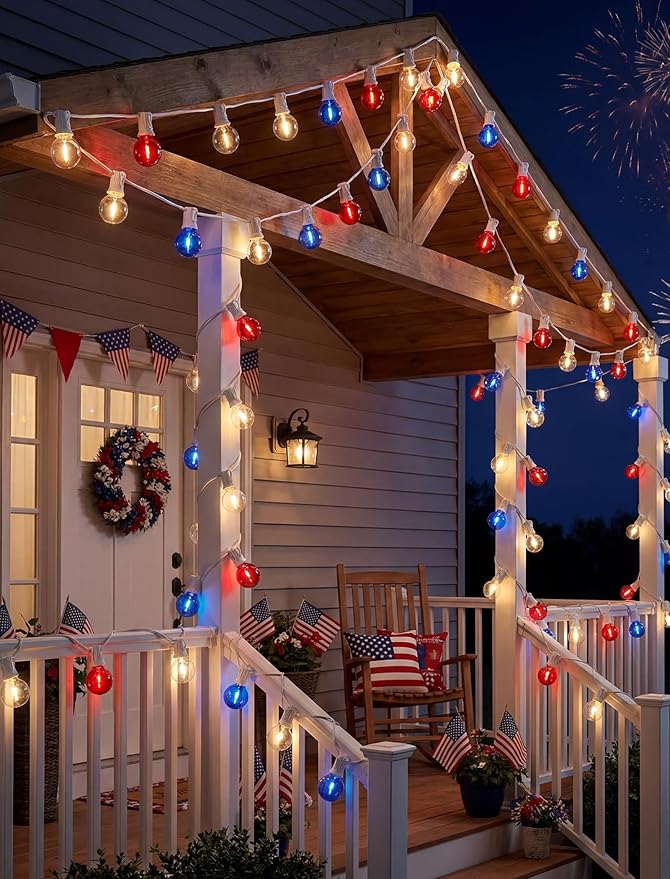 4th of July G40 LED Red White and Blue Lights, 25ft Outdoor String lights, Hanging Patio Lights with 27 Shatterproof Round Bulbs, Independence Day Decoration Warm White for Patriotic Party Garden