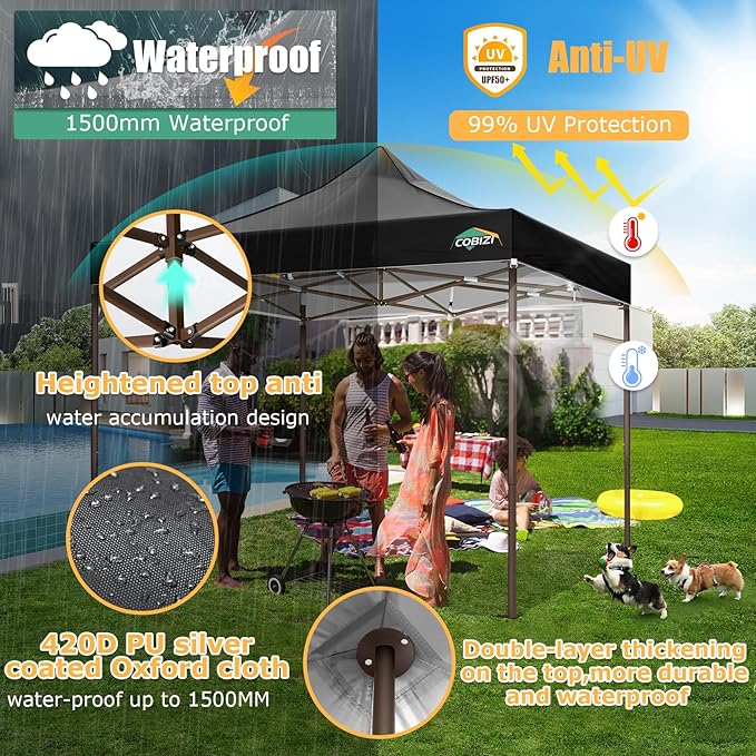 COBIZI 10x10 Pop Up Heavy Duty Canopy with 4 Sidewalls and Hexagonal Legs, Easy up Tent for Events, Parties, Camping, Outdoor Canopy with Portable Bag, Waterproof & UPF50+ (Black)