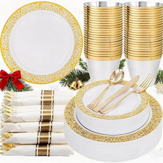 WELLIFE 175Pcs Gold Dinnerware Sets, Include:25 Dinner Plates, 25 Dessert Plates, 25 Paper Napkins, 25 Cups, 25 Plastic Cutlery Set