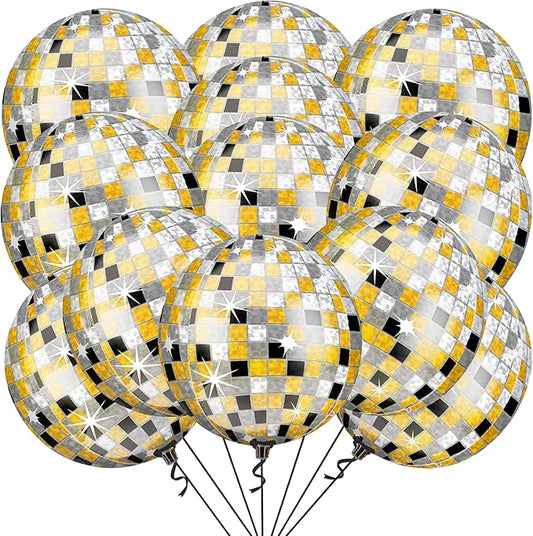 KatchOn, Huge Disco Ball Balloons -22 Inch, Pack of 12 | Black And Gold Disco Balloons for Disco Party Decorations | 360 Degree 4D Sphere Disco Balloon | Graduation Decorations 2025