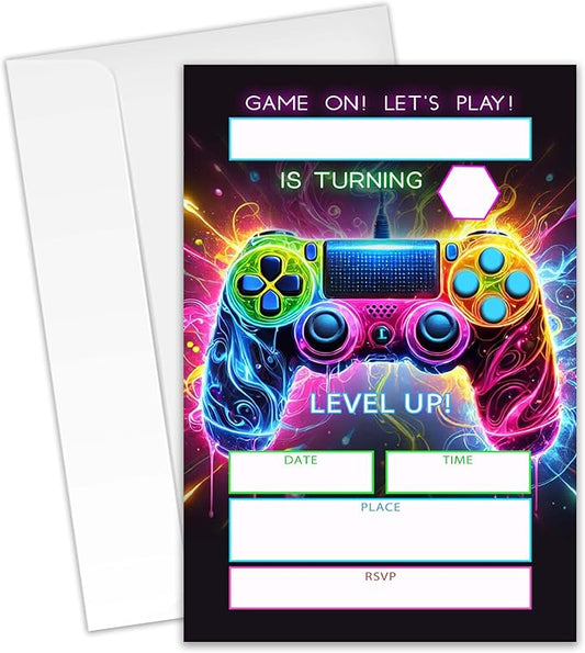Gaming Themed Birthday Invitations – 20 Invitation Cards 4"x6" with Envelopes.(010)