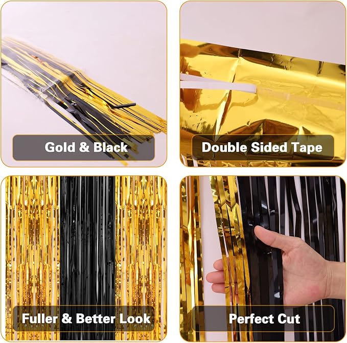 PIGETALE, 2 Pack 3.2x8.2 Feet Black and Gold Tinsel Backdrop Party Decorations, Foil Fringe Curtains Backdrop for Birthday Graduation Wedding Engagement Bridal