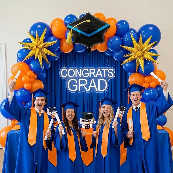 Orange and blue Graduation Balloon Garland Arch Kit with foil star crown graduation cap balloons for School students graduate class of 2026 Prom Party Decorations (Royal Blue Orange)