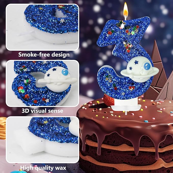 HXOUSE Spaceship Number 3 Birthday Candles - Outer Space Universe Birthday Candles for Cake, 3 Candle Topper for Anniversary Celebrations, Astronaut Rocket Party Decorations for Boys
