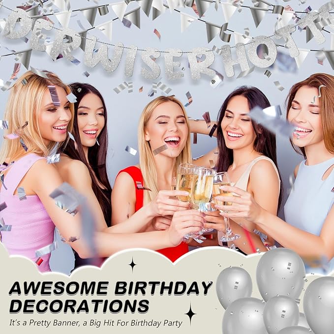 Fulmoon Set of 3 Pre Strung Older Wiser Hotter Glitter Banner Funny Birthday Banner for Women 30th 40th 50th 60th 70th 80th Birthday Party Decorations Sign Gift(Silver)