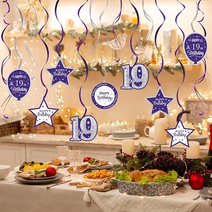 Happy 19th Birthday Purple & Silver Glitter Swirls Streamers Party Decorations - 15 Pcs 19th Birthday Hanging Swirls Streamers Kit,Cheers to Nineteen Years Old Bday Party Sign.