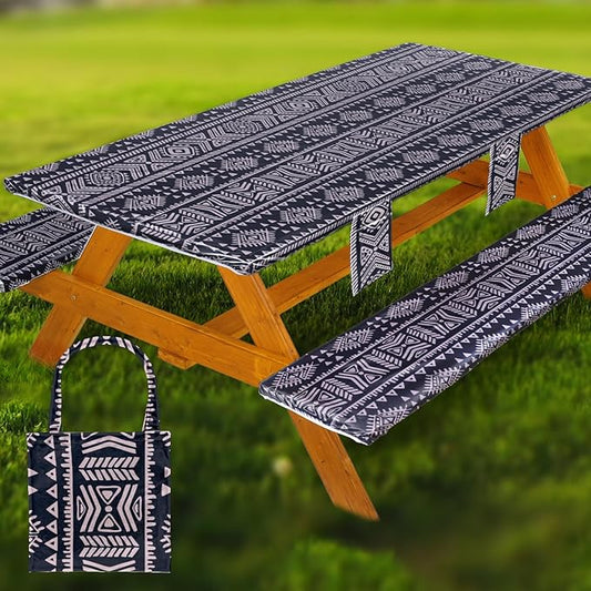 Picnic Table Cover with Bench Covers Vinyl Elastic Edges Fitted Rectangle Seat Tables Waterproof 3-Piece96X30in Set Outdoor Rectangular Folding Backing Tablecloth for Camping Over Size