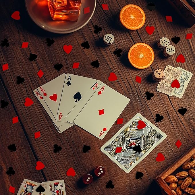 Werich Casino Party Confetti Metallic Foil Poker Card Suit Table Scatter – Red & Black Hearts, Spades, Clubs, Diamonds – Casino Theme Decorations for Poker Night, Las Vegas, Birthday, Wedding.