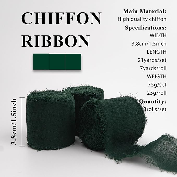 Chiffon Ribbon, Green Christmas Silk Ribbons, Christmas Party Decoration, 1.5''x21Yd Handmade Frayed Fringe Ribbon for Gift Wrapping, Floral Vase, Craft, New Years, Birthday, 3 Rolls