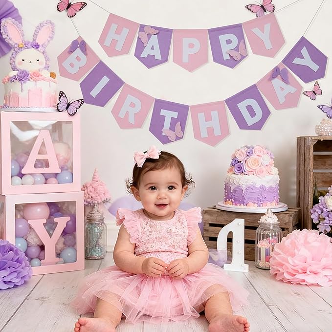 Felt Purple Pink Happy Birthday Banner Birthday Decorations for Women Girls Boys Men Pets Handmade Party Backdrop