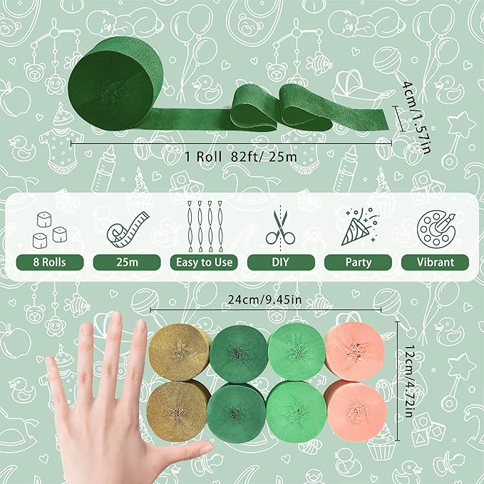 8 Rolls Crepe Paper Streamers, Green, Gold and Peach Pink Streamers Party Decorations for Wedding Bridal Shower Baby Shower Birthday Christmas Party