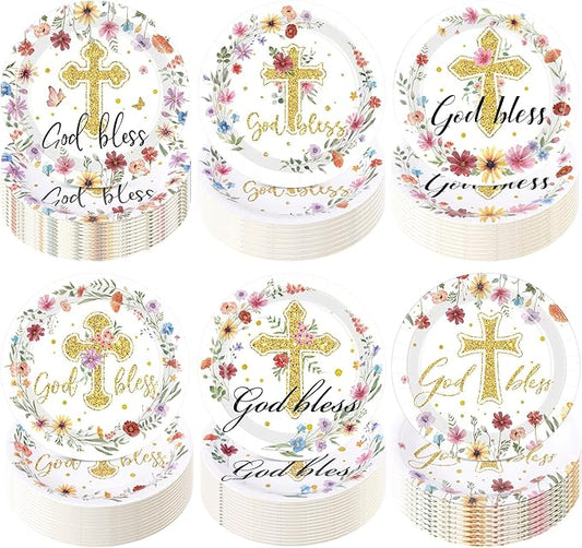 Funnymoom 60 Pcs 7 Inch God Bless Baptism Paper Plate Wildflower First Holy Communion Party Decor Confirmation Disposable Tableware Supplies for Mi Bautizo Baby Shower Christening Religious Church