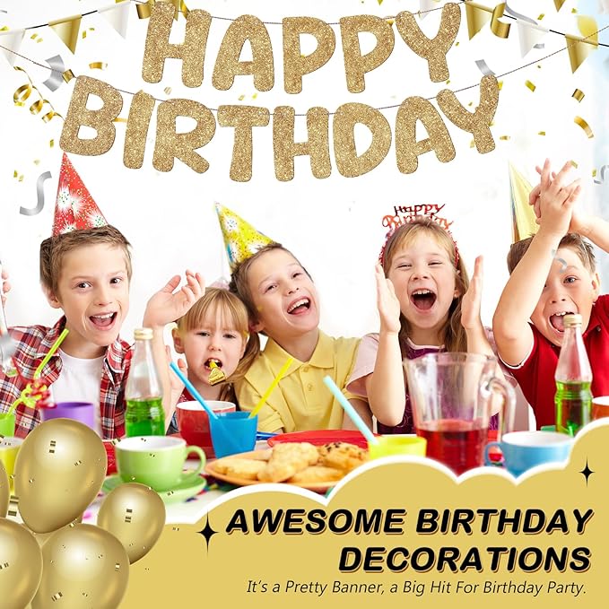 Fulmoon Glitter Pre Strung Happy Birthday Banner No DIY Party Decorations Happy Birthday Sign Decor for Men Women Boy Girls Backdrop(Champagne Gold)