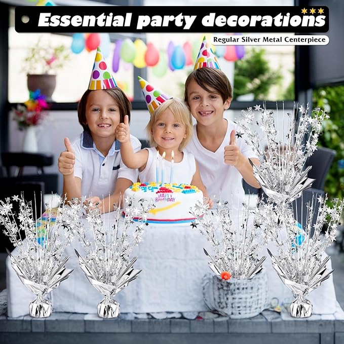 6 Pack Metallic Foil Spray Centerpiece Star Table Decoration Burst Table Centerpieces for Birthday Wedding Anniversary Celebrations Party Decor Supplies (Silver)