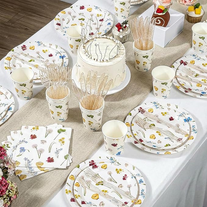 144Pcs Spring Wildflower Party Supplies Birthday Decorations Paper Plates Napkins Vintage Puppy Party Tableware Disposable Dinnerware Set for Baby In Bloom Baby Shower Decoration Decor, Serve 24