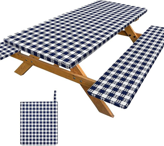 Picnic Table Cover with Bench Covers Portable Table Cloth Built-in Storage Pocket Picnic Table Covers With Elastic Waterproof Camping Essentials for RV Camping