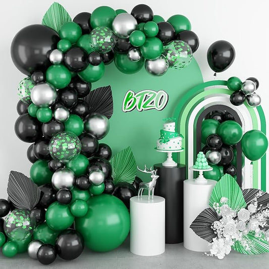Black Green Balloon Garland,BTZO Balloons Arch Kit With Metallic Silver Confetti Balloon,Black and Green Balloons for Birthday Wedding Bridal Shower Graduations Party Decorations