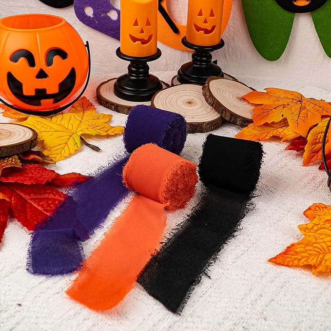 Halloween Ribbon, Black Orange Purple Silk Chiffon Ribbon, 1-1/2''x21Yd Handmade Frayed Fringe Ribbon for Wrapping, Halloween Party Supply, Floral Vase Decor, Birthday, 3 Rolls