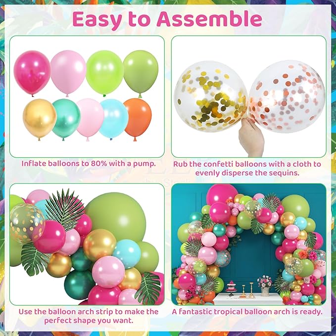 158Pcs Tropical Balloon Arch Garland Kit, Hawaiian Luau Aloha Flamingo Party Decorations Olive Green Hot Pink Orange Rose Gold Confetti Balloons Palm Leaves Birthday Baby Shower Summer Beach Supplies