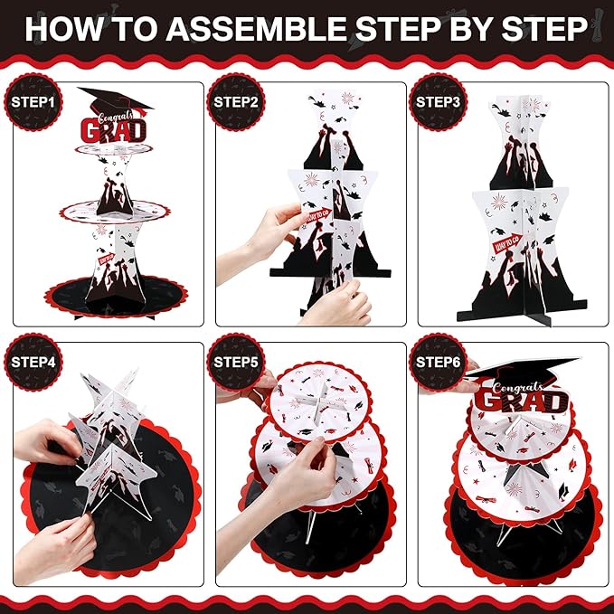 Nuenen 2 Pcs Graduation Cupcake Stand 3 Tier Black Graduation Cupcake Holder Class of 2026 Congrats Grad Cake Holder Dessert Tower for Grad Party Decorations Supplies Favors(Red)