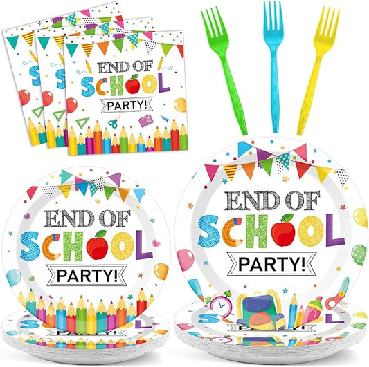 CHUNNIN 96Pcs End of School Party Paper Plates and Napkins Graduation Decorations End of School Graduate Disposable Dinnerware Tableware Set for 24 Guests Classroom Teacher Graduation Party Supplies