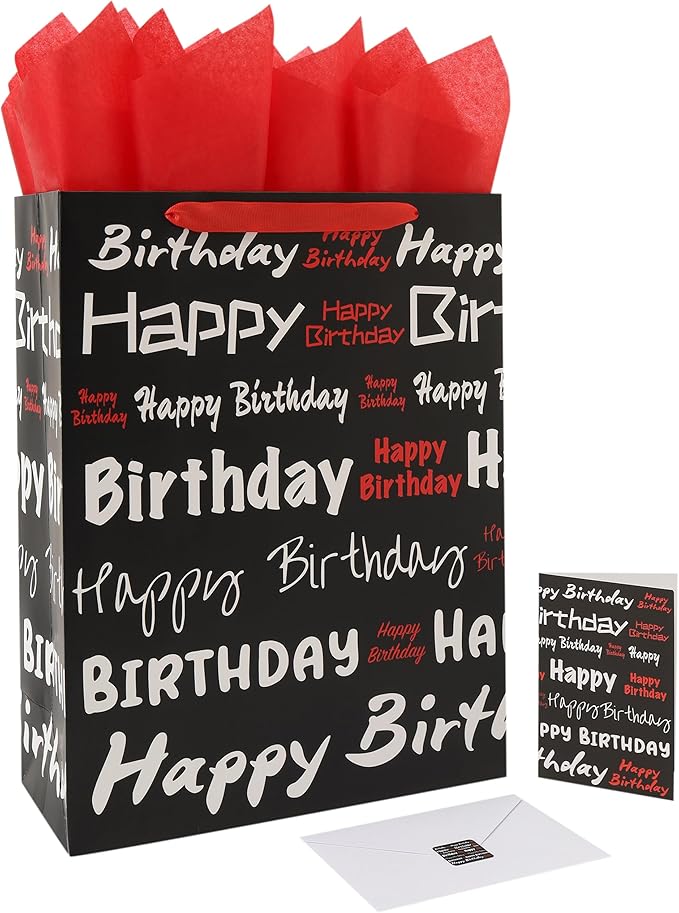wishinside 16.5” Extra Large Black Happy Birthday Gift Bag Set with Handles, Greeting Card, Tissue Papers and Stickers for Women Men Girls Boys Kids Teens, White Red Words Design, 1 Pcs
