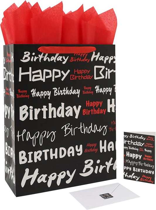 wishinside 16.5” Extra Large Black Happy Birthday Gift Bag Set with Handles, Greeting Card, Tissue Papers and Stickers for Women Men Girls Boys Kids Teens, White Red Words Design, 1 Pcs