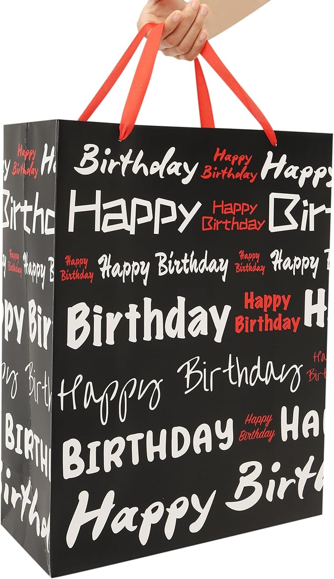 wishinside 16.5” Extra Large Black Happy Birthday Gift Bag Set with Handles, Greeting Card, Tissue Papers and Stickers for Women Men Girls Boys Kids Teens, White Red Words Design, 1 Pcs