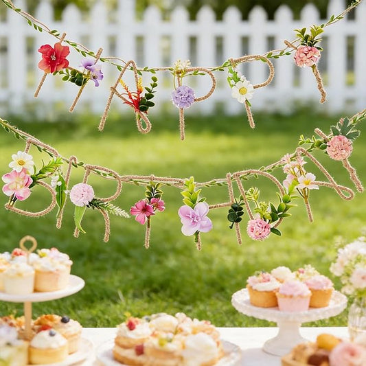 SUNBEAUTY 2 Pcs Wildflower Birthday Party Decorations 13.2FT Sturdy Hemp Rope Metal Happy Birthday Banner Handmade Hanging Banner 3D Garland Garden Tea Party Floral Decorations for Girls Women Baby